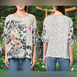 Tru Luxe Womens Embroidered Blouse Top Size M Floral Tie Sleeve Boxy White NWT